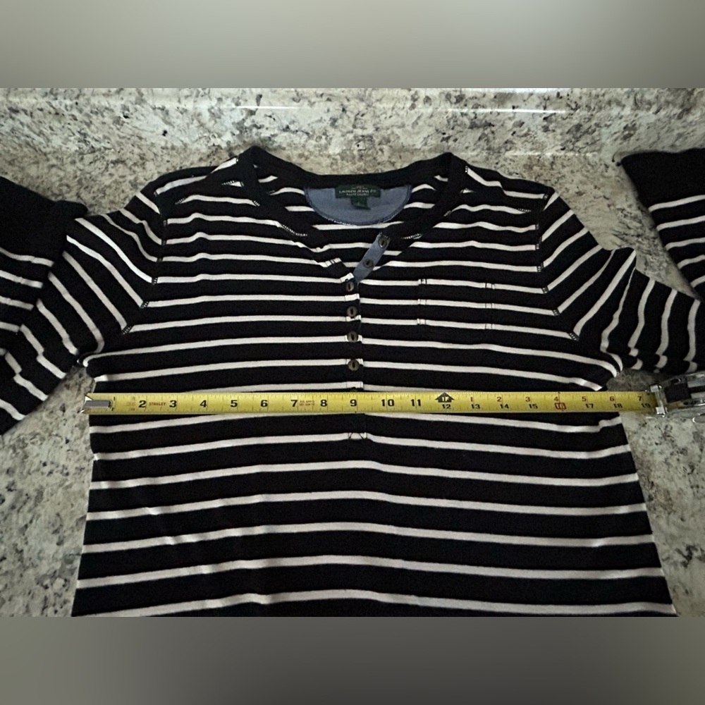 Lauren Ralph Lauren Women’s Black White Striped Pocket Long Sleeve Henley Size L - Picture 10 of 11